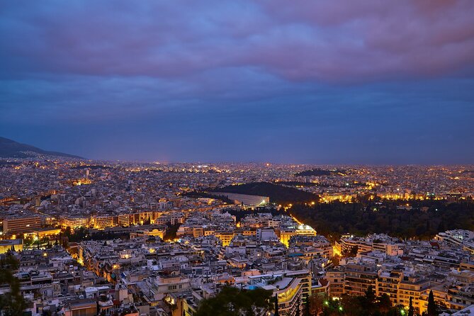 Panoramic night views from Mount Lycabettus and the glowing Acropolis